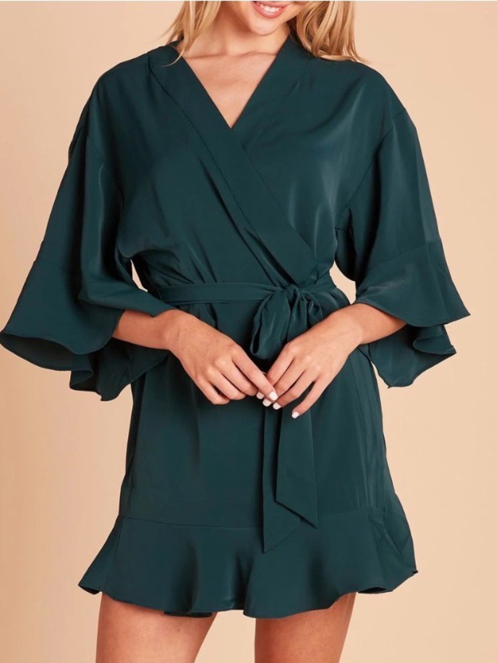 Birdy Grey Kenny Emerald Satin Wrap Robe with Ruffle Hem